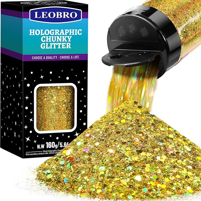 LEOBRO Gold Glitter, 160g/5.64oz Holographic Chunky Glitter by LEOBRO
