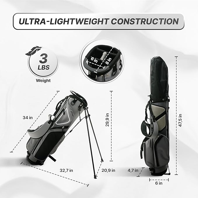 Ultra-Lite Golf Stand Bag - 3 Lbs, 4 Way Divider Portable Golf Club Carry Bag, Water-Repellent Golf Travel Case with Rain Hood, Golf Gifts for Men and Women