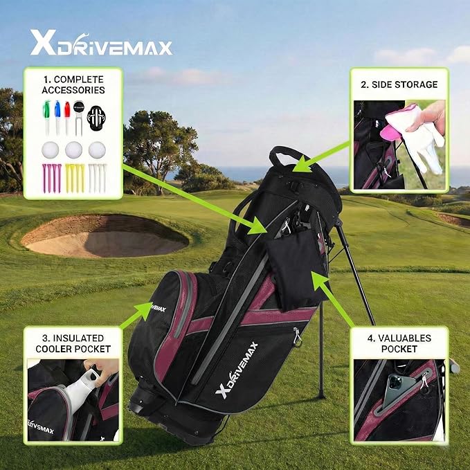 XDriveMax Golf Stand Bag with Accessory Pack, Lightweight 8-Way Top Dividers Golf Bag with Stand, Includes Insulated Cooler Pocket, Dual Strap & Rain Cover