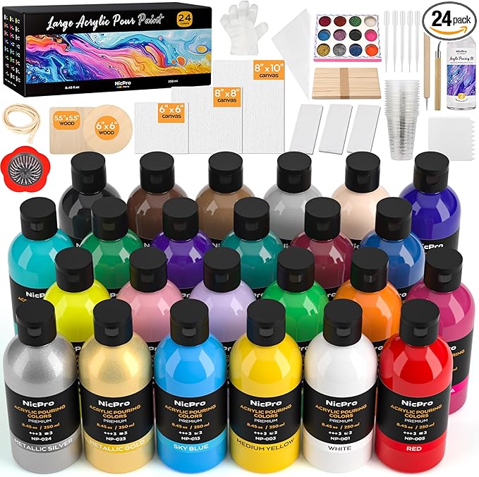Nicpro 24 Colors 8.45oz Acrylic Pour Paint Supplies Kit, Large Volume Premixed by Nicpro