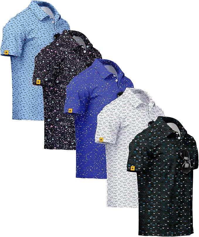 ZITY 5 Pack Mens Golf Shirt Short Sleeve UPF 50+ Moisture Wicking Performance Print Patterns Casual Golf Polo Shirts for Men