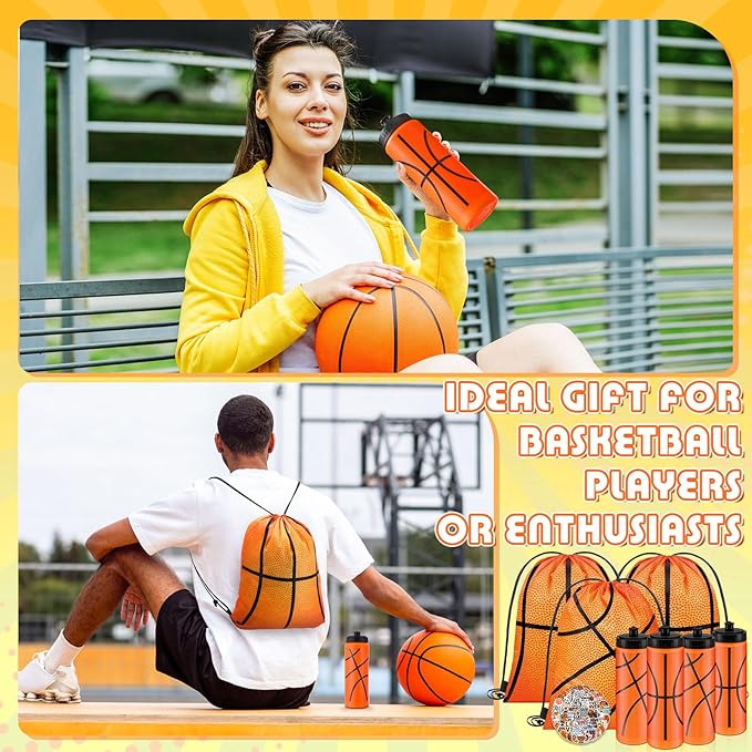 12 Pcs Basketball Water Bottles Basketball Drawstring Bag Set with 50 Sticker Basketball Party Favors 6 Reusable Sports Squeeze Water Bottle 20oz 6 Basketball Goodie Gift Bag for Basketball Team Gifts