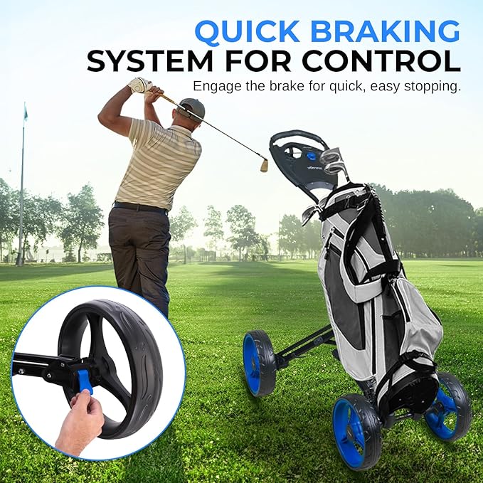 SereneLife Golf Cart Lightweight Foldable Golf Push Cart - Aluminum Folding Trolley with Adjustable Handle, Elastic Bag Straps, Dual Brakes, Scorecard & Cup Holders for Easy Maneuverability