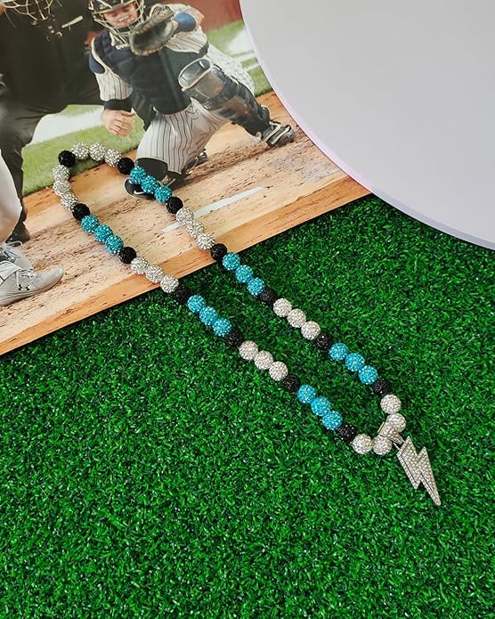 Baseball Necklace for Men 16/18/20 Inch Bling Ice Collection Lightning Bolt Pendant Necklace for Women Rhinestone Clay Beaded Discoball Accessories Gifts for Baseball Team Players Lovers