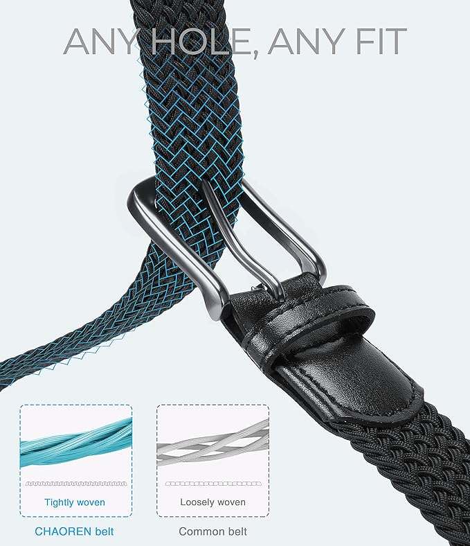 CHAOREN Stretch Belt Men 2 Pack - 1 3/8" Braided Golf Belts For Men - Casual Elastic For Pants and Jeans