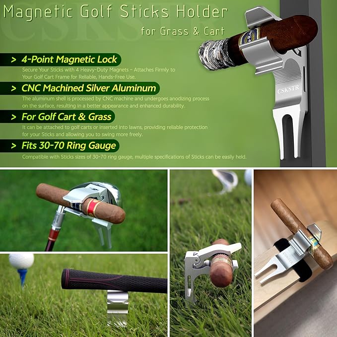 2-Pack Magnetic Sticks Holder for Golf Cart & Grass | 4-Point Strong Lock Sponge Pad Protection | Shining Silver Aluminum Alloy with CNC Machined | Fits 30-70 Ring Gauge | Divot Tools