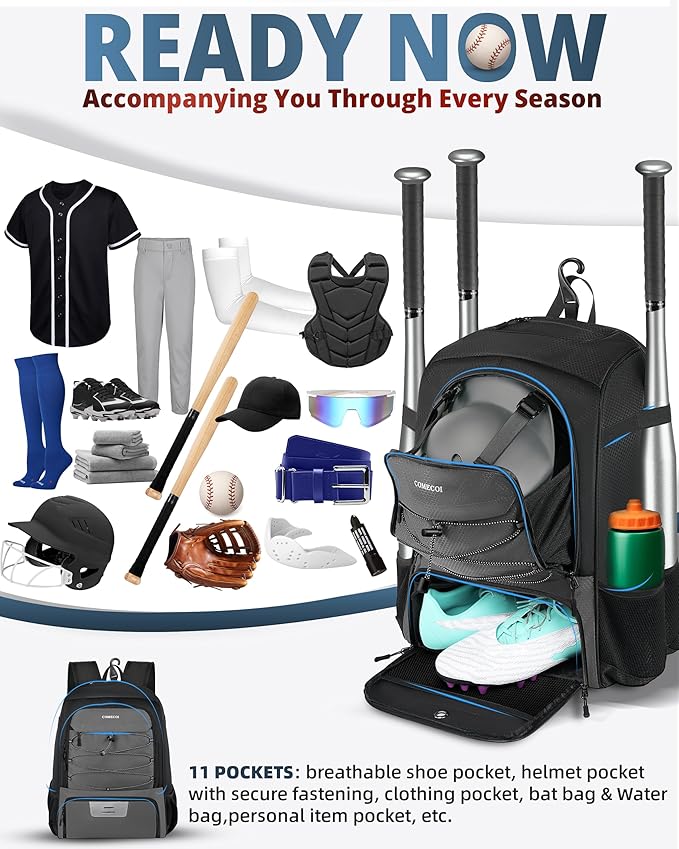 COMECOI Baseball Bag, Baseball Backpack with Helmet Shoes Bag for Youth, Adult, Lightweight Softball Bag with Fence Hook Hold TBall Bat, Baseball Glove, Helmet, Caps, All Gear