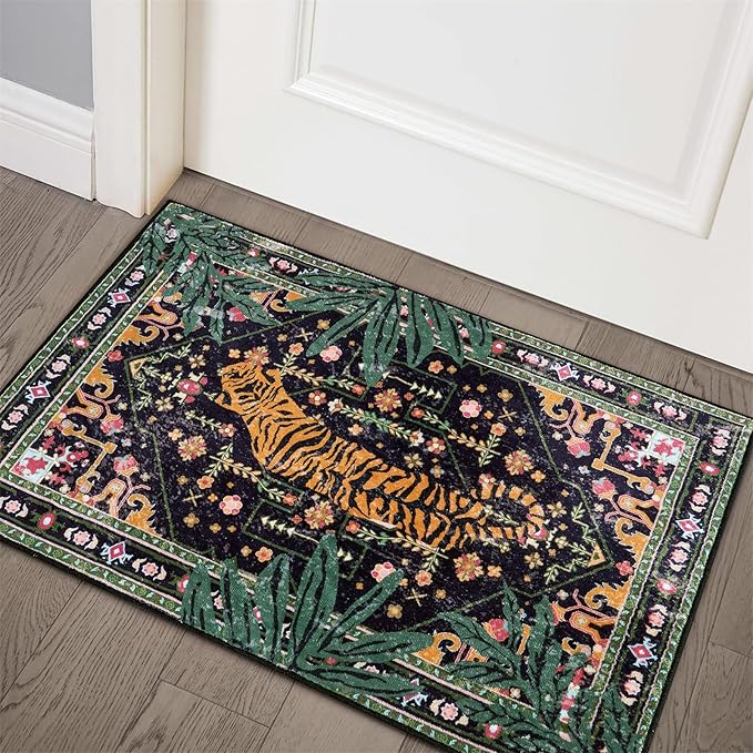 Oriental Tropical Entryway Rugs Washable, Thin Black Boho Vintage Distressed by Aldopein