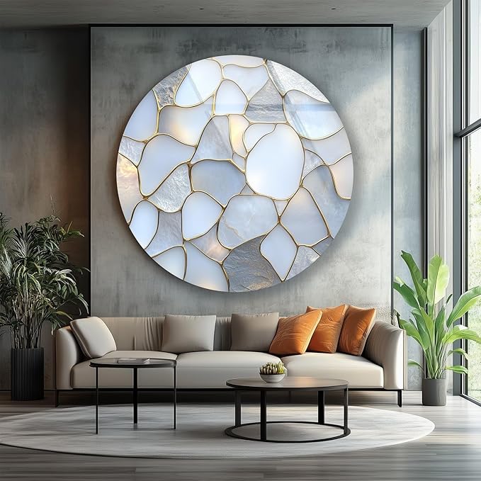 My Photostation.com 15.8'' Diameter White Stone Mosaic Round Glass Wall Art - Image 3