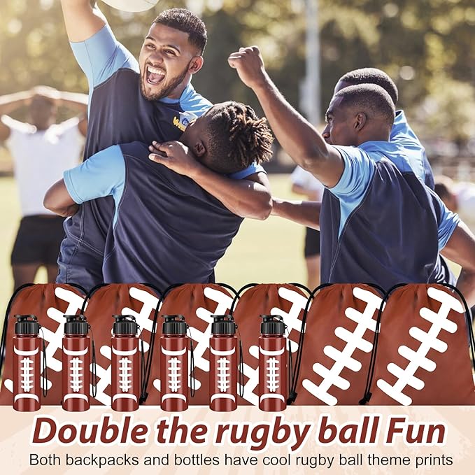 Olgaa 12 Pcs Football Party Favors Include 6 Pcs Water Bottle 20 oz 6 Pcs Drawstring Bag Sports Themed Reusable Drink Bottles Bulk Accessories for Players Lovers Team Gifts (Football)