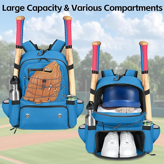 MATEIN Baseball Bat Bag for 4 Bats with Ball Pocket, Lightweight Youth Baseball Backpack with Shoe Compartment, Large Capacity Softball Equipment Bag with Fence Hook for TBall Gear, Helmet, Glove