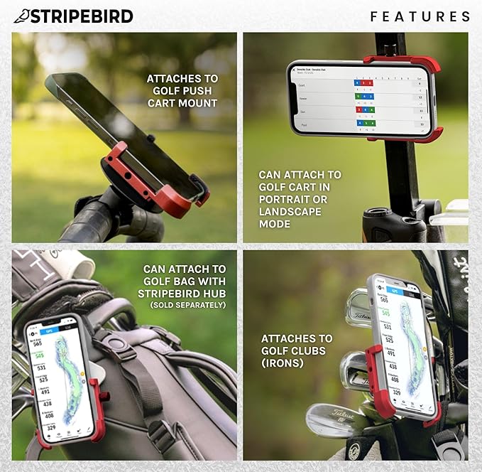 Stripebird - Magnetic Golf Cart Phone Holder - US Patented, Neodymium N52 Magnets - Golf Cart Phone Mount for iPhone & Samsung - Slim Golf Caddy Accessories for Men & Women