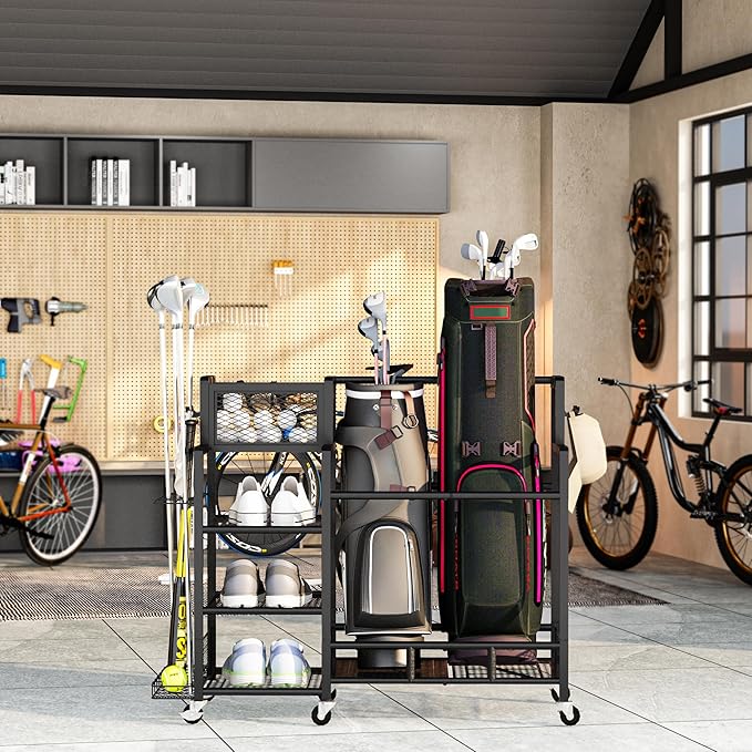 Recaceik Golf Storage Garage Organizer Large Size,Golf Bag Storage Stand and Other Golfing Accessories Rack, Metal with Wheels Golf Club Storage for Garage Shed and Basement (Black)