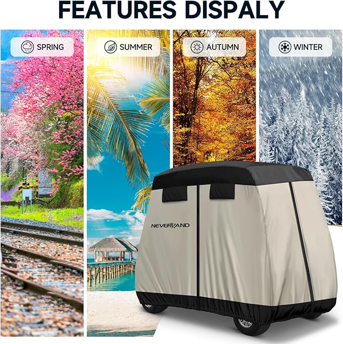 NEVERLAND Golf Cart Cover 4 Passenger - Outdoor Waterprood Golf Cart Covers, 420D Club Car Golf Cart Covers With Air Vent&Zipper Compatible with EZGO Yamaha Club Car 4 Seat (Up to 115 Inch)Black+Brown
