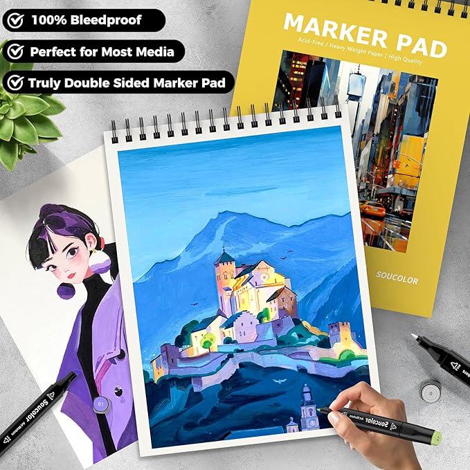 Soucolor 100 Sheets Marker Paper Pad, 73lb/120gsm Drawing Paper Spiral Sketch - Image 4