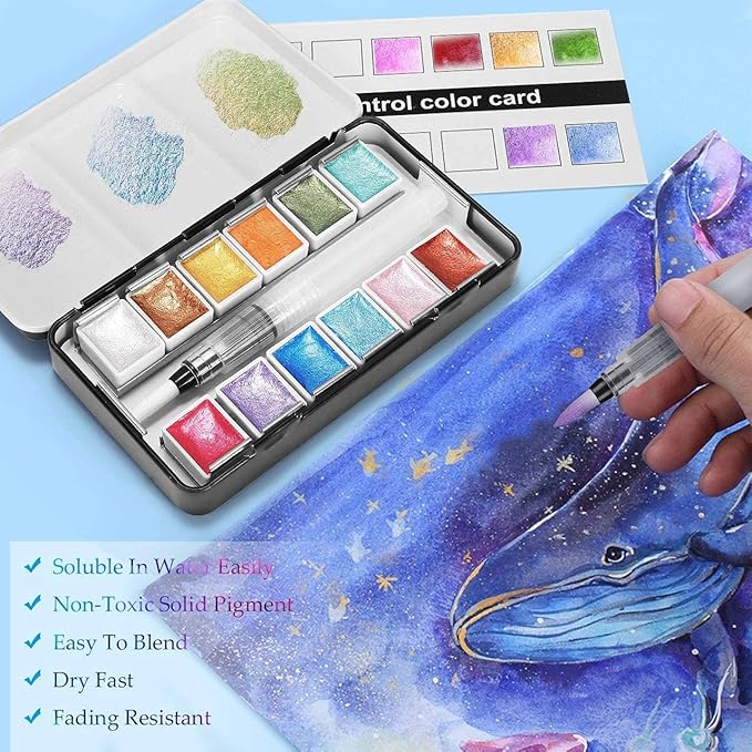 Emooqi Watercolor Paints Set, Metallic Glitter Watercolour Solid Paint Include - Image 4