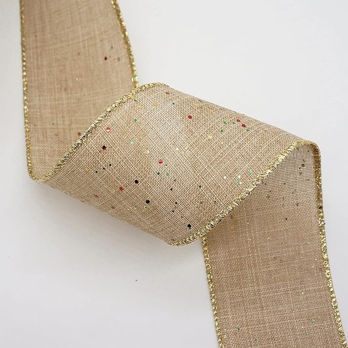 CT CRAFT LLC Tan Burlap Fabric Confetti Glitter Wired Ribbon 2.5" x 10 Yards - Image 4