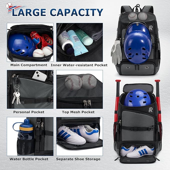 RAINSMORE Baseball Bag for Youth & Adult 40L Large Softball Bag Lightweight Baseball Backpack with Helmet Holder, Shoe Compartment, Fence Hook Waterproof Bat Bag for Baseball Softball Tball Equipment