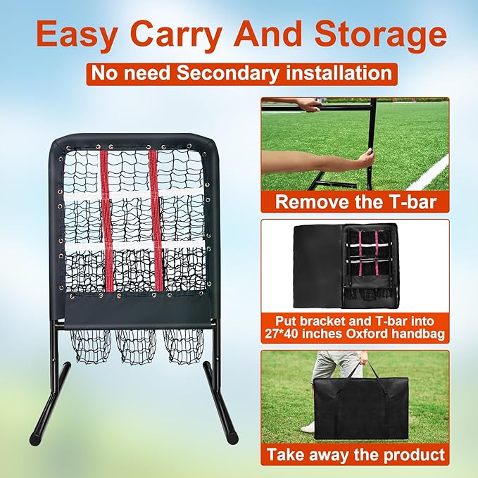 9 Hole Pitching Net with Strike Zone and Handbag, 2X3' Fixed by 4 Ground Stakes or 2 Sandbags. Adjustable Heights(39-46in) for Pitching Target Net