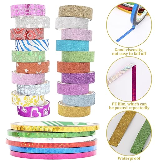 26 Rolls Glitter Washi Tape, Colored Masking Tape Set, 5mm/15mm Decorative Tape - Image 4