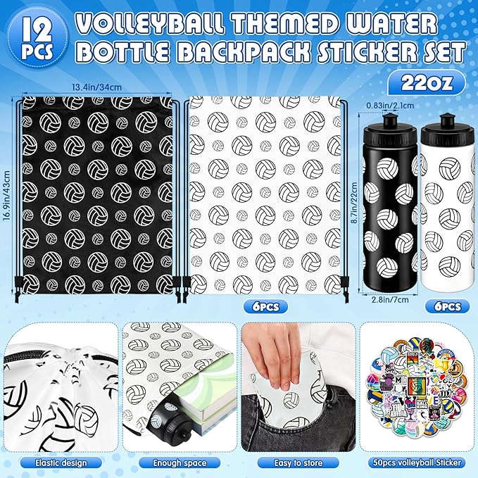 Funnymoom 12 Pcs Volleyball Water Bottle Drawstring Bag Set with 50 Sticker Volleyballs Party Favors 6 Reusable Sports Squeeze Water Bottle 20oz 6 Volleyballs Goodie Gift Bag