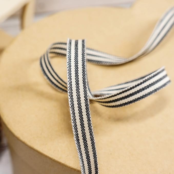 CT CRAFT LLC Ivory Cotton Black Stripes Ribbon 3/8" x 10 Yards - Image 4