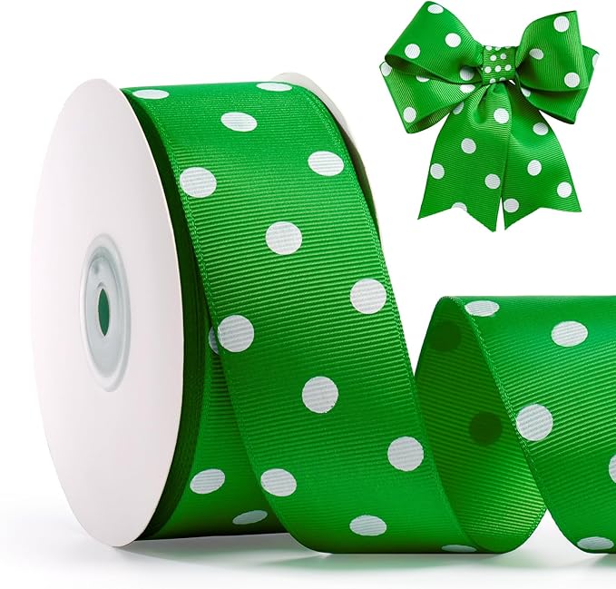 Polka Dot Grosgrain Ribbon 1.5 Inch, 25 Yards Spool Green and White Polka Dot by FAKILO