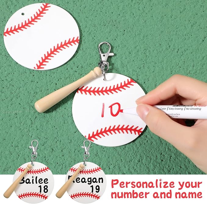 Cunno 36 Pcs Basketball Baseball Softball Tennis Acrylic Keychain Blank Kit 12 Acrylic Keyring 12 Swivel Snap Hook Keychain(White Baseball, 3 Inch)