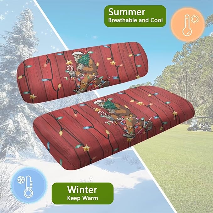 Bulopur Christmas Sasquatch Golf Cart Towel Seat Covers 2 Pack Non-Slip Breathable Golf Car Cushion Cover for Club Car Ezgo Universal Golfcart Accessory for Women Girly Golfer Gifts