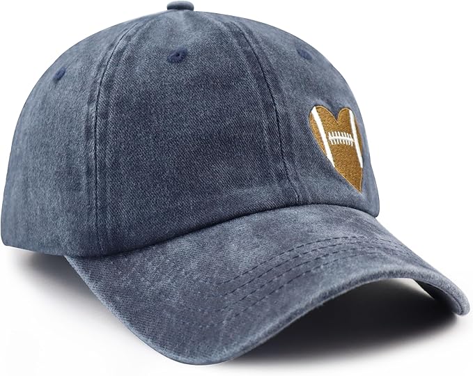 Football Heart Hat for Men Women, Adjustable Cotton Embroidered Heart Football Baseball Cap