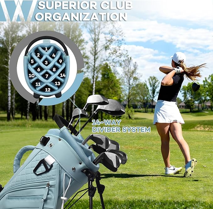 Luxury Womens Golf Bag, PU Leather Golf Stand Bag for Women/Ladies, 14-Way Full-Length Top Dividers, Ultra Lightweight, Large Pockets for Accessories