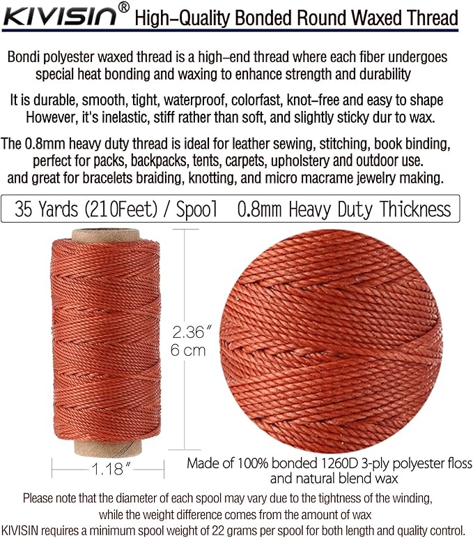 KIVISIN Trendy Color Waxed Thread 0.8mm, Heavy Duty Wax Polyester Cord 32 Yards - Image 3