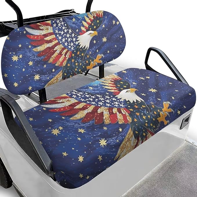 Bulopur Eagle American Flag Golf Cart Seat Covers Set for Ezgo Club Car Golf Cart Dust Covers for Bench and Backrest, Removable Golfcart Accessory