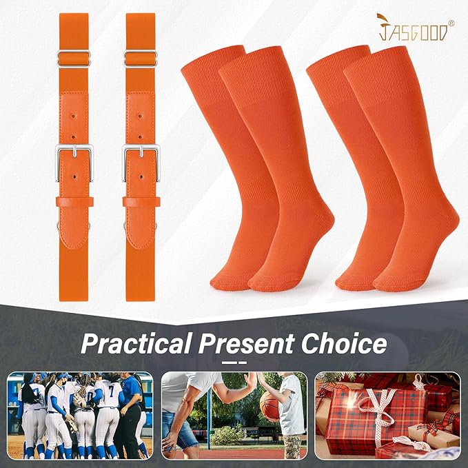 JASGOOD 2 Pack Baseball Socks and Belt Combo Set Softball Socks and Belts Elastic Waist Belt for Youth and Adult Boys