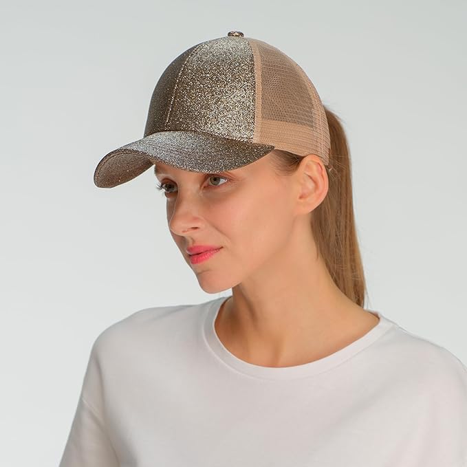 C.C Ponycap Messy High Bun Ponytail Adjustable Glitter Mesh Trucker Baseball Cap