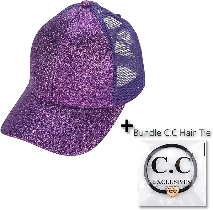 C.C Ponycap Messy High Bun Ponytail Adjustable Glitter Mesh Trucker Baseball Cap