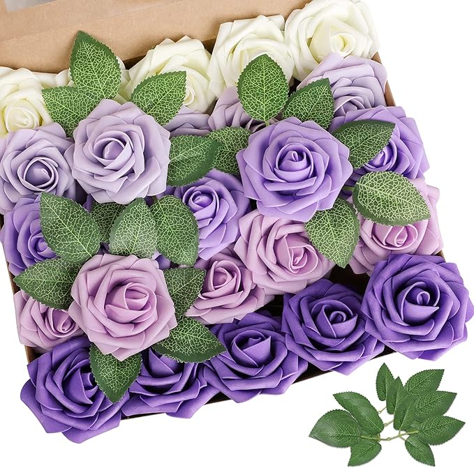 AmyHomie Artificial Flower Seriesc Purple Rose 25pcs Real Looking Fake Roses by AmyHomie