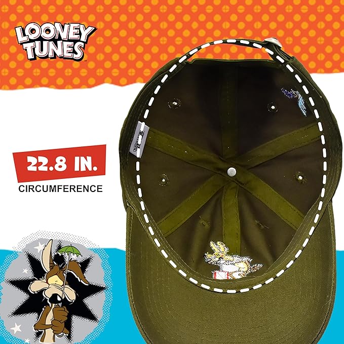 Looney Tunes Baseball Cap, Wile E. Coyote and Road Runner Adult Adjustable Cotton Dad Hat with Curved Brim for Men and Women, Olive, One Size
