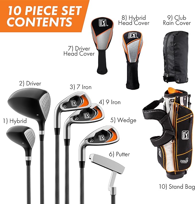 PGA Tour Youth Golf Club Set for Ages 5-15+ (3’5”-5’10”), Right and Left-Handed Kids Golf Sets – Beginner Junior Golf Clubs with Lightweight Stand Bag, Mallet Putter, Hybrid, Driver