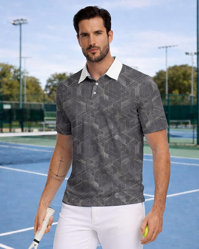 KUYIGO Mens Polo Shirt Quick Dry Moisture Wicking UPF 40+ Performance Printed Short Sleeve Summer Tennis Golf Shirt
