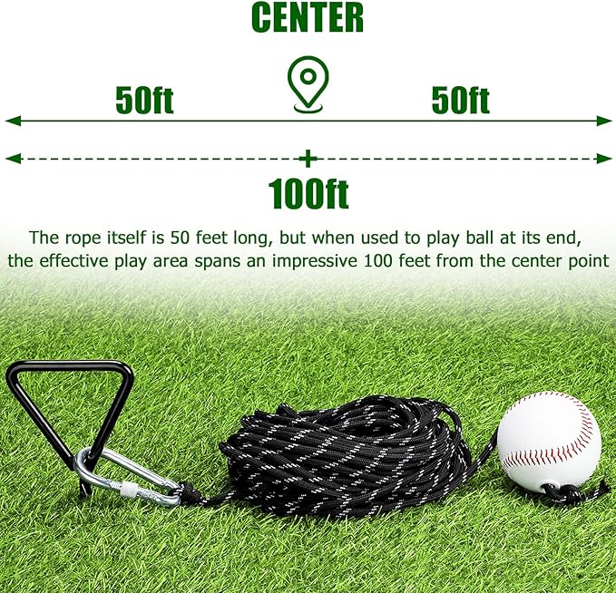 TOBWOLF Baseball & Softball Swing Trainer, Replaceable Practice Baseball on Rope with Heavy-Duty Ground Stake, Solo Swing Practice in Backyard & Get 50ft of Flight Feedback, Ideal for Baseball Players