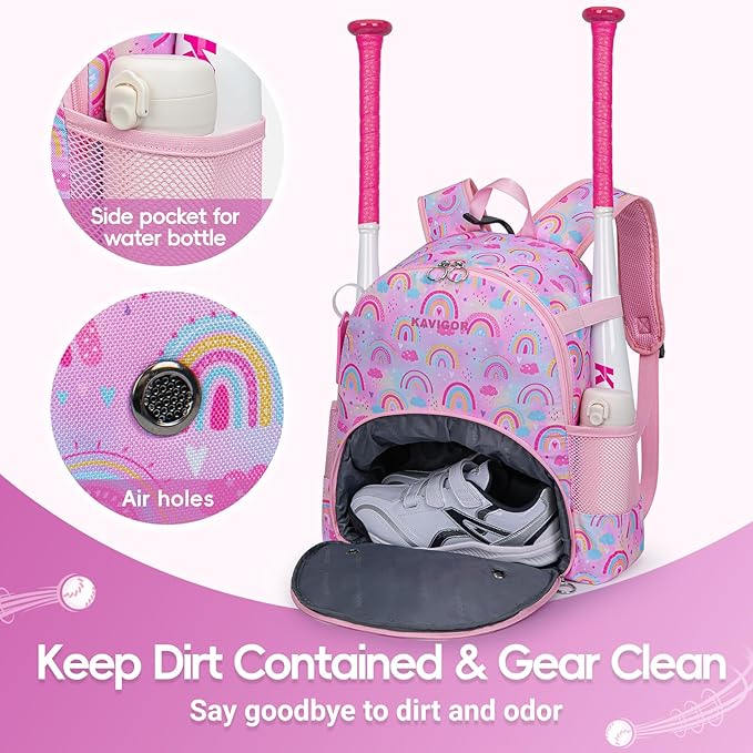 KAVIGOR Youth Tball Baseball Backpack, Lightweight Softball Bag with Shoes Compartment & Name Tag, Reinforced Zippers & Seams