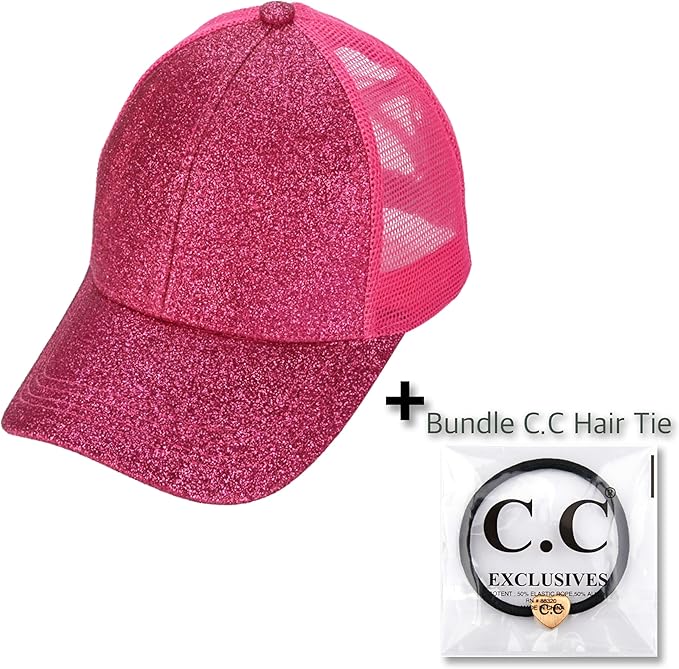 C.C Ponycap Messy High Bun Ponytail Adjustable Glitter Mesh Trucker Baseball Cap