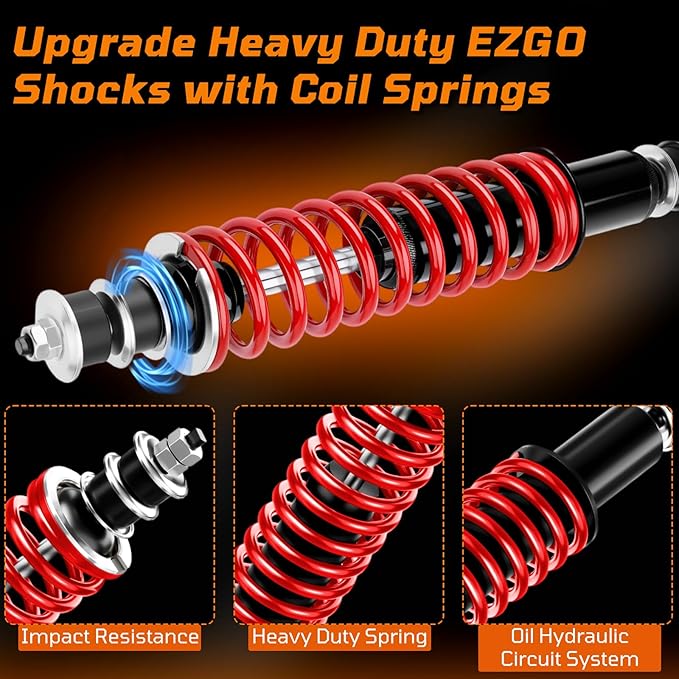Golf Cart Shocks with Heavy Duty Coil Springs for 1994+ EZGO TXT/Medalist G&E Model, Replace E-Z-GO Front or Rear Absorbers OEM# 70928-G01 76418-G01 Included Extender for Lifted Cart - Red