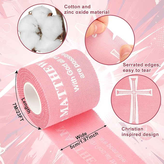 MiniInflat 2 Pcs Christian Cross Athletic Tape Sports Tape 2in x 23ft Religion Jesus Wrist Wrap for Soccer Football Baseball, Gift for Graduation Teacher Nurses Week Pentecost(Pink,Matthew 19:26)