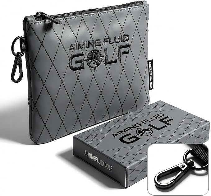 Premium Leather Golf/Travel Valuables Pouch Luxury Zippered Utility Bag with Diamond Stitching, 360 Swivel Clip, Soft Interior for Golf Accessories & Travel Essentials (Grey)