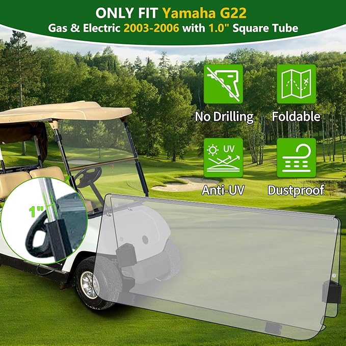 Golf Cart Foldable Windshield 3/16" (5MM) Thicken Only Fits 2003-2006 Yamaha G22, Fits 1"×1" Strut Rail Front Folding Acrylic Windshield Replacement, Included Mounting Hardware - Clear