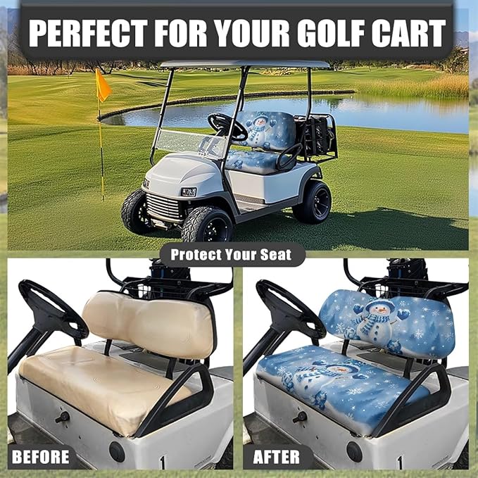 Bulopur Christmas Snowman Golf Cart Blanket Seat Covers 2 Piece Club Car Golf Cart Seat Covers Non-Slip Breathable Cozy Golfcart Cushion Cover Xmas Decorations