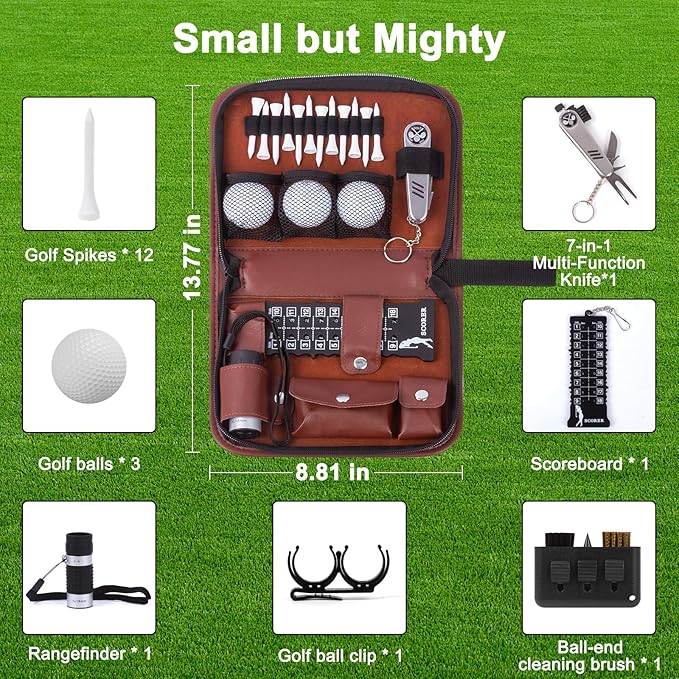Complete Golf Accessories Kit, Golf Gifts for Men and Women - 8-Piece Set with Leather Case | Rangefinder, Balls, Tees, Multi-Tool | Beginner to Pro Golf Essentials