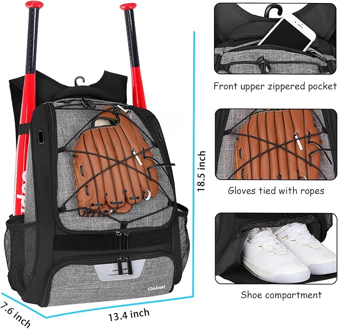 Goloni | Baseball Backpack,Baseball Bag for Adult,Softball Bat Bag with Shoes Compartment,Large Main Compartment for Helmet & accessories, Fence Hook